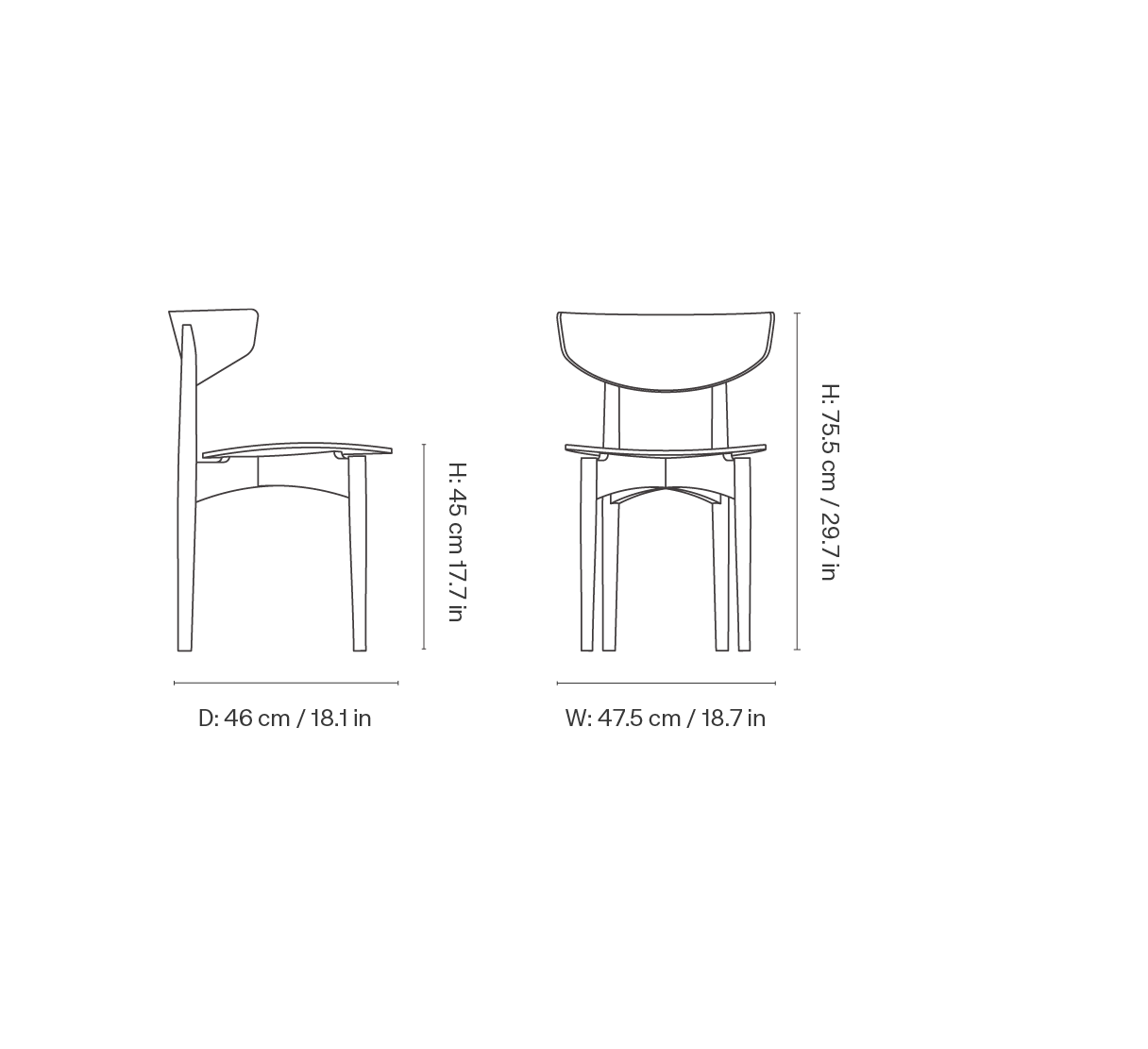 Dimension drawing for Herman Dining Chair - Wood - Dark Stained Beech