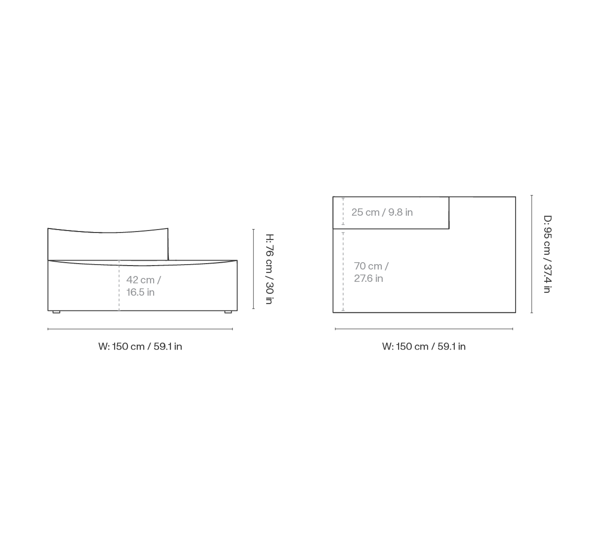 Dimension drawing for Catena Sofa Open End Right S301 - Loose Drape - Natural - US