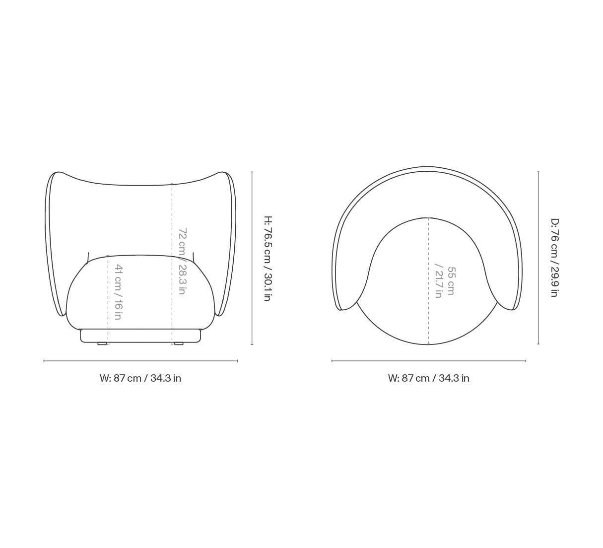Dimension drawing for Rico Lounge Chair - Raw Bouclé - Tan