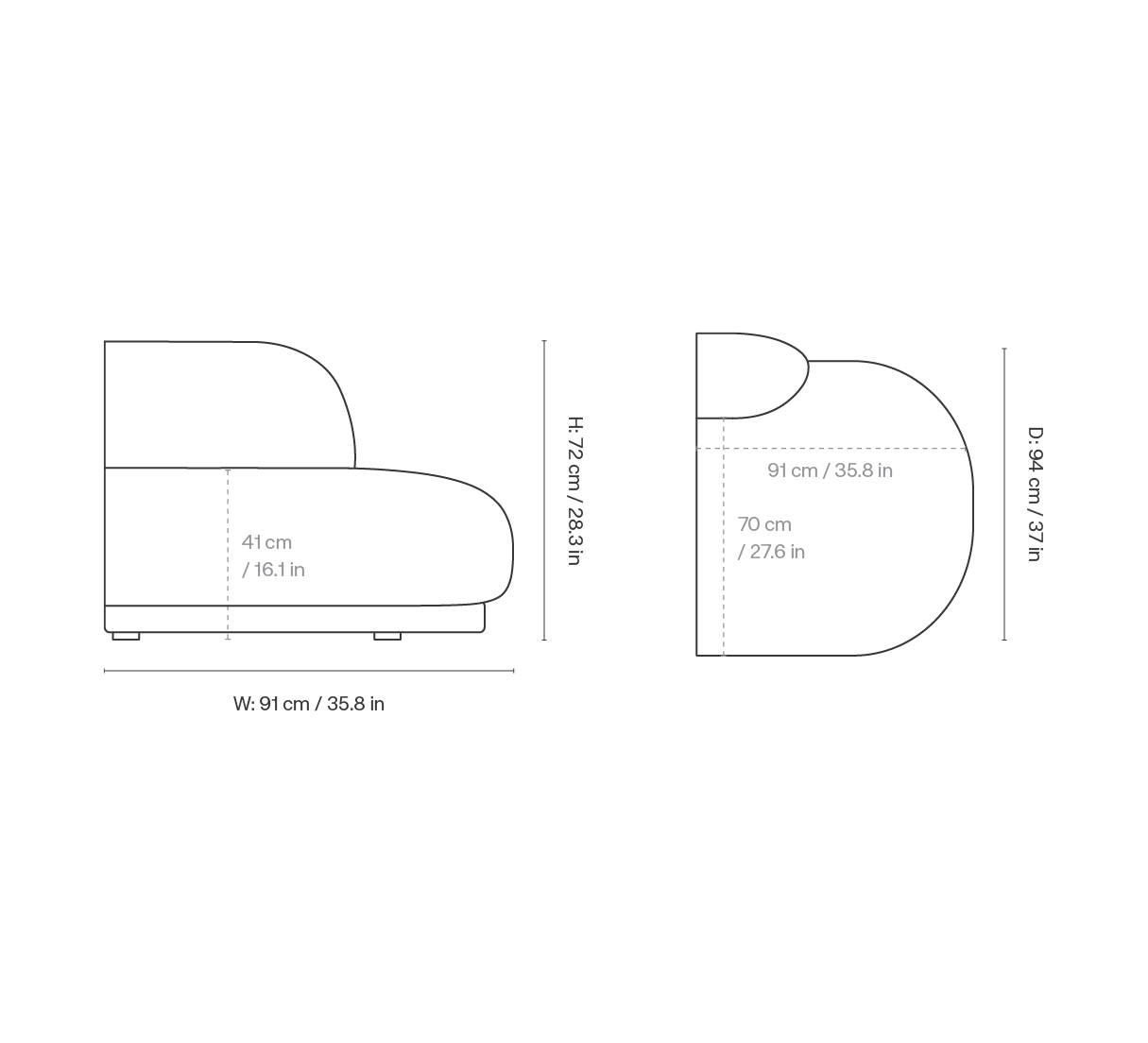 Dimension drawing for Rico Sofa Open End Right - Can Lis - Sand/Off-White
