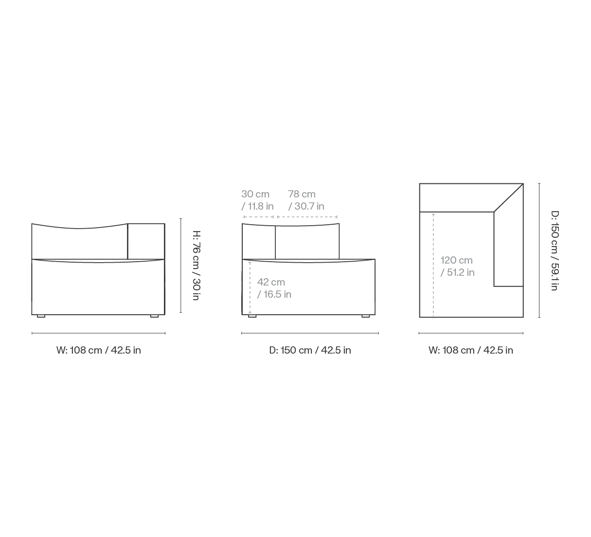 Dimension drawing for Catena Sofa Chaise Longue Right L601 - Louisiana - Sand/Off-White