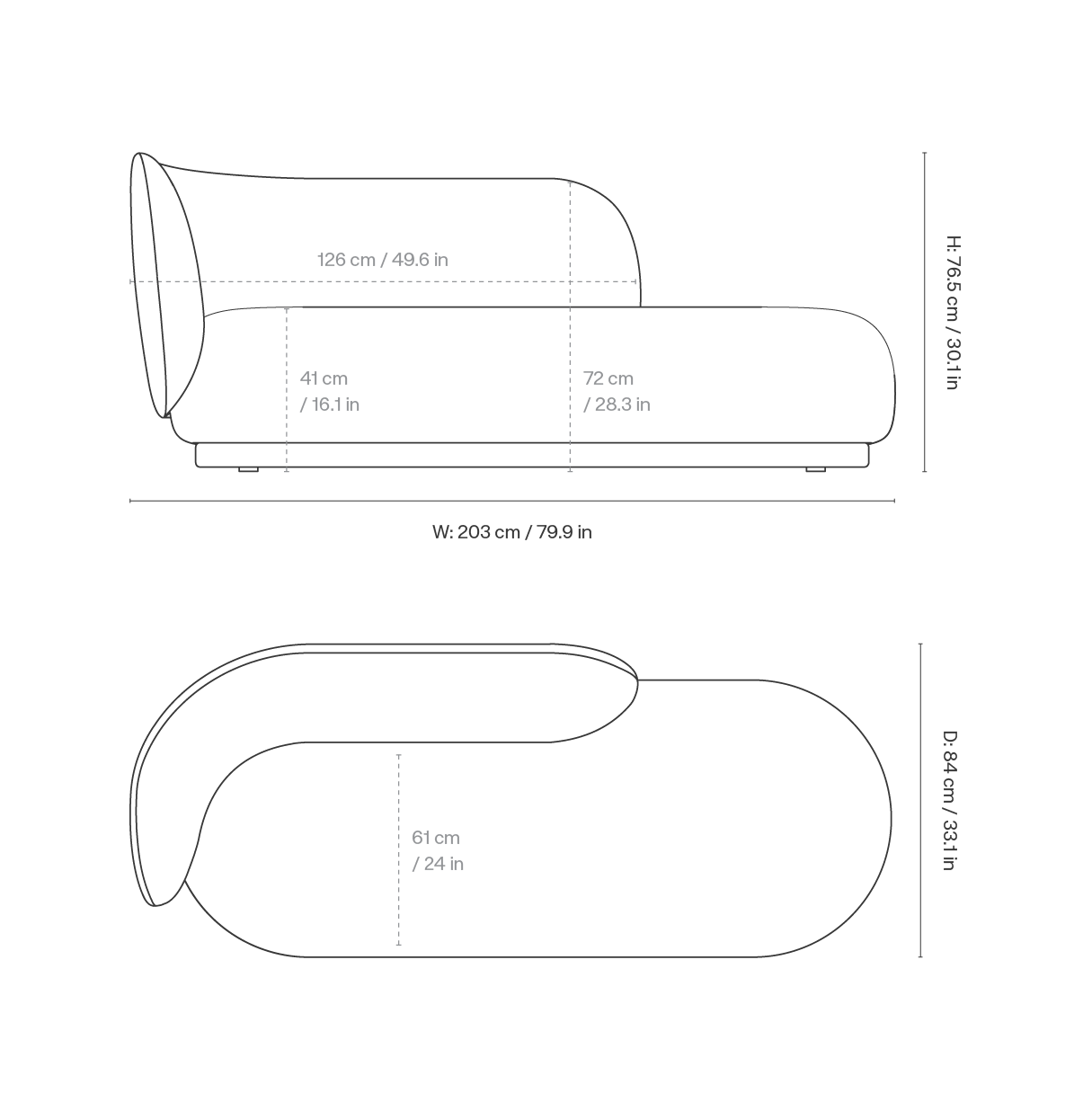 Dimension drawing for Rico Divan Right - Bouclé - Off-white