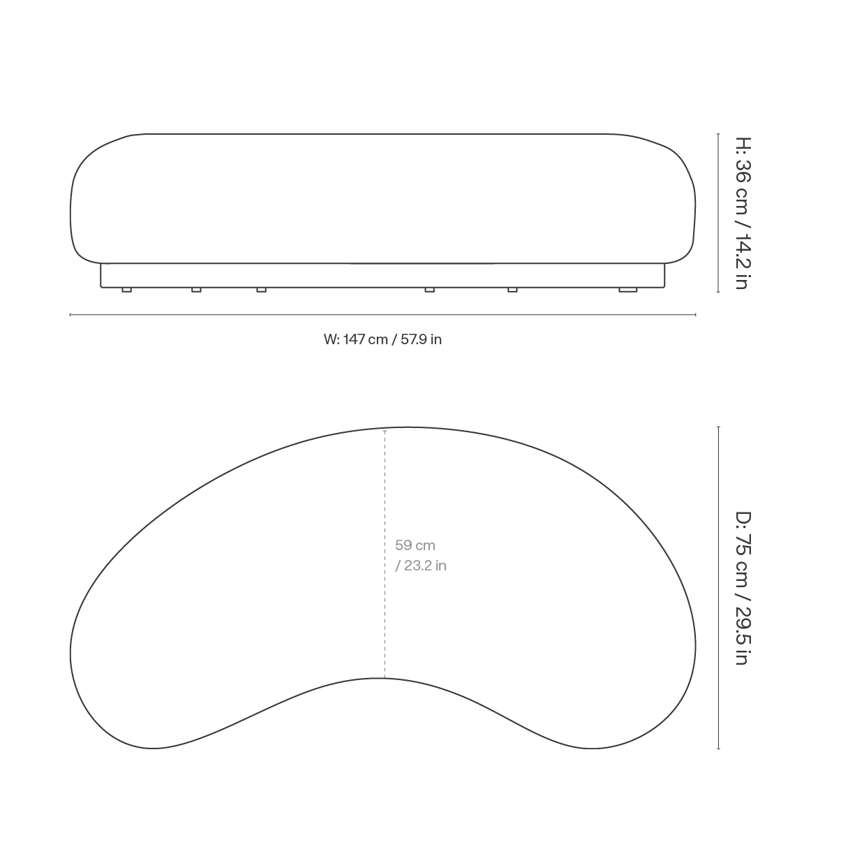 Dimension drawing for Rico Lounger Ottoman - Bouclé - Off-white