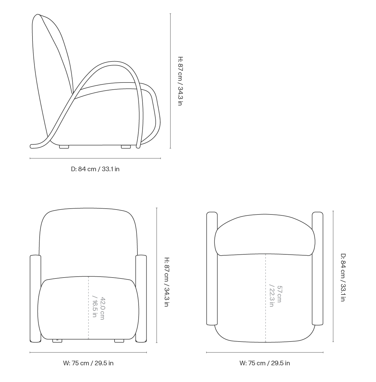 Dimension drawing for Buur Lounge Chair - Raw Bouclé - Natural