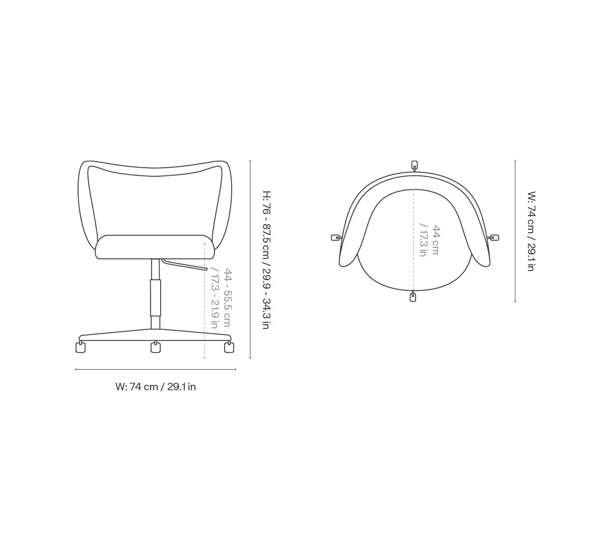 Dimension drawing for Rico Dining Chair - Castors - Louisiana - Sand/Off-White